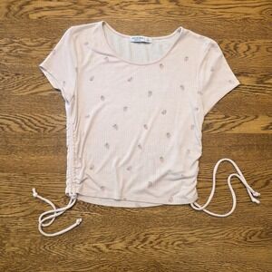 Arizona Jean Co Med Pink Strwberry Womens Baby Tee Cap Sleeve Side Ruched Ties‎